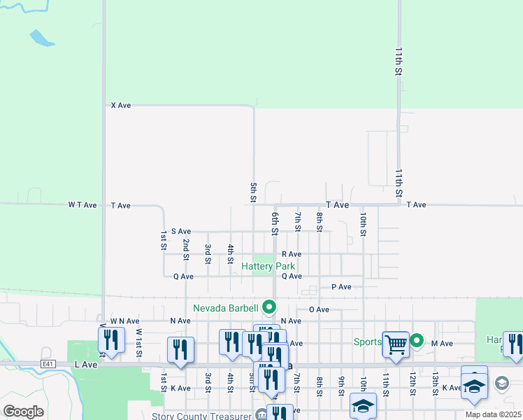 map of restaurants, bars, coffee shops, grocery stores, and more near 520 T Avenue in Nevada