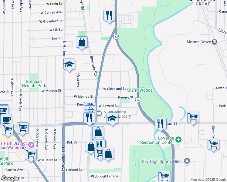 map of restaurants, bars, coffee shops, grocery stores, and more near 6923 Cleveland Street in Niles
