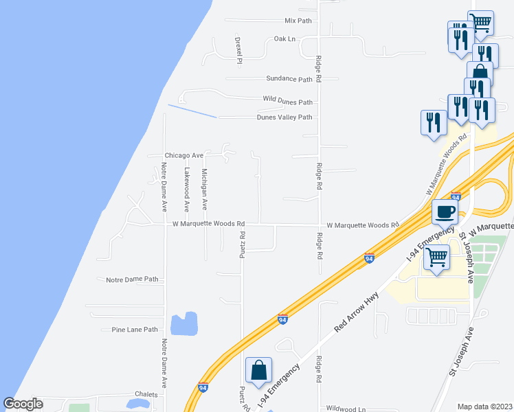 map of restaurants, bars, coffee shops, grocery stores, and more near 4860 Marquette Path in Stevensville