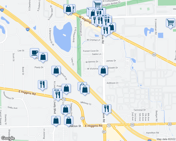 map of restaurants, bars, coffee shops, grocery stores, and more near 1713 West Victoria Drive in Mount Prospect
