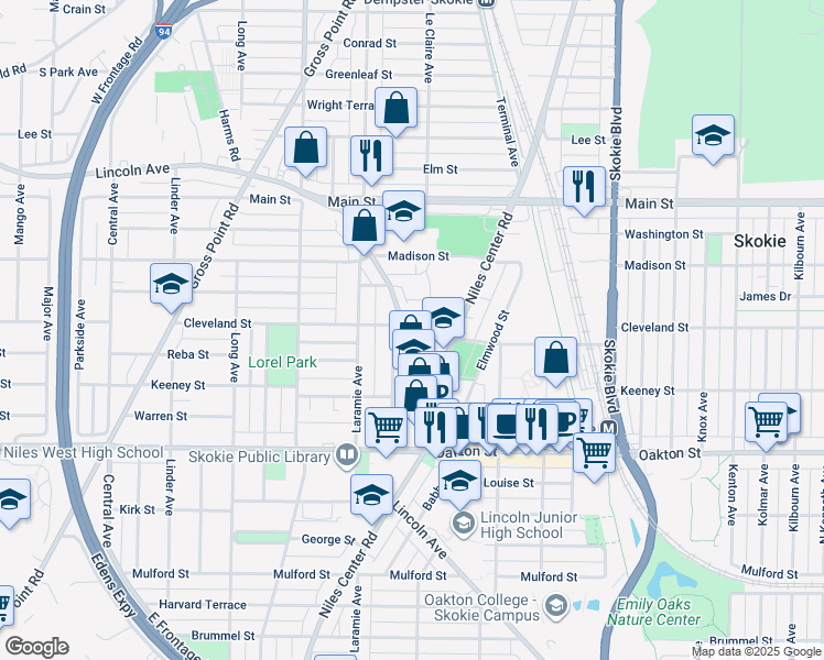 map of restaurants, bars, coffee shops, grocery stores, and more near 8163 Lincoln Avenue in Skokie