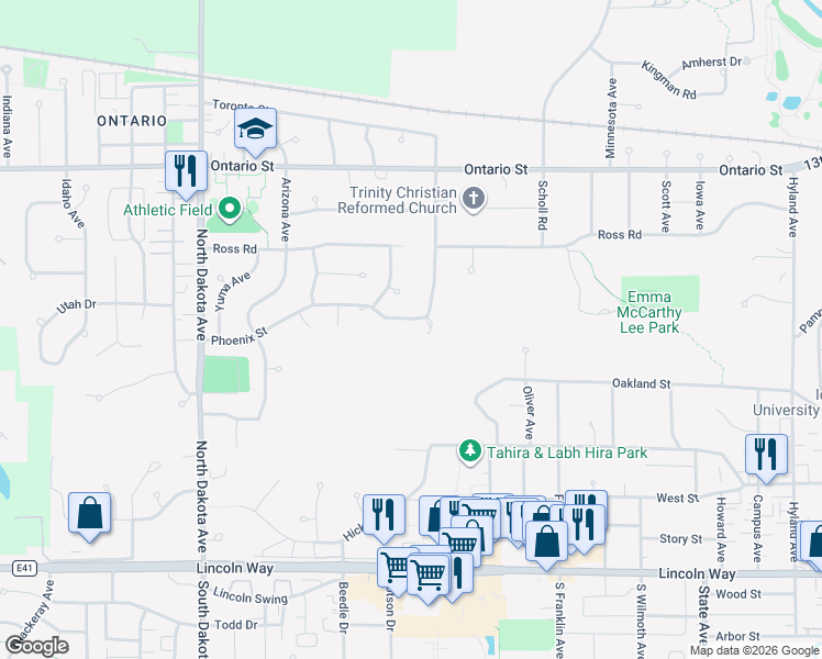 map of restaurants, bars, coffee shops, grocery stores, and more near 3818 Phoenix Street in Ames