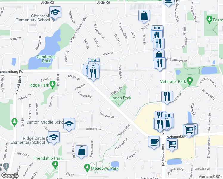 map of restaurants, bars, coffee shops, grocery stores, and more near 285 Sheffield Drive in Schaumburg