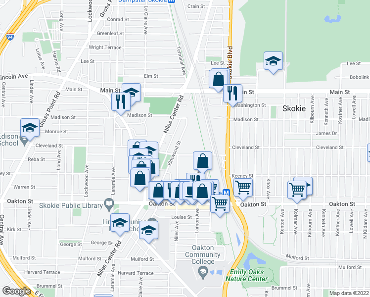 map of restaurants, bars, coffee shops, grocery stores, and more near 4970 Searle Parkway in Skokie