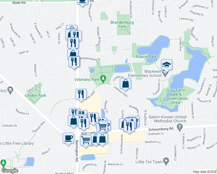 map of restaurants, bars, coffee shops, grocery stores, and more near 195 Camden Court in Schaumburg