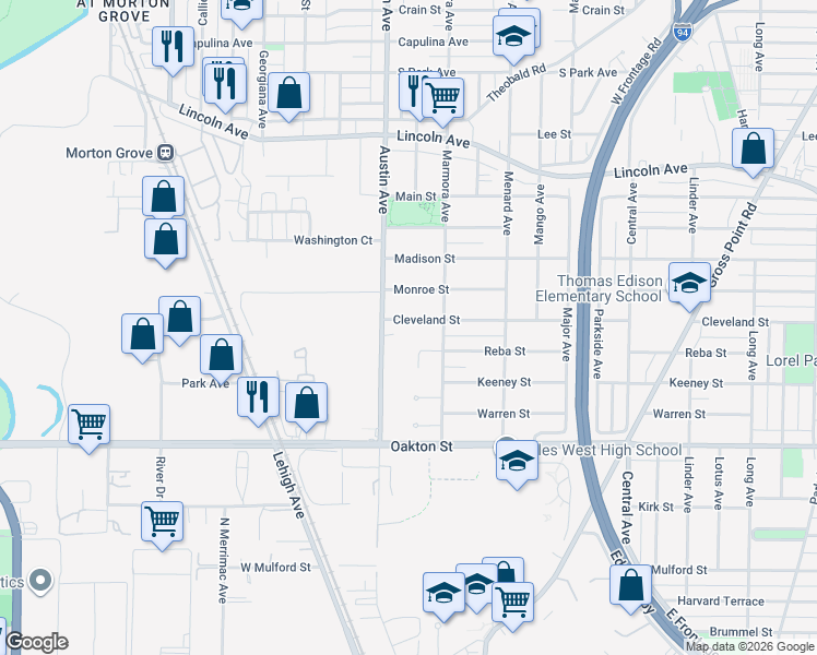 map of restaurants, bars, coffee shops, grocery stores, and more near 5929 Cleveland Street in Morton Grove