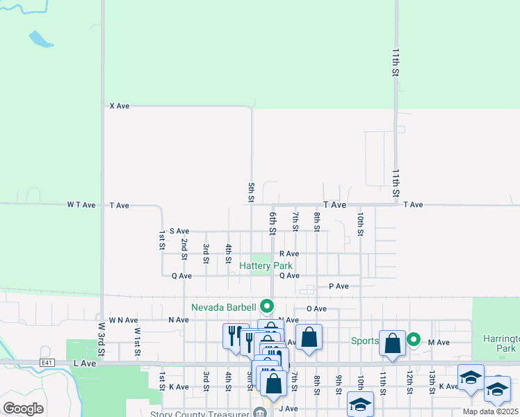 map of restaurants, bars, coffee shops, grocery stores, and more near 520 T Avenue in Nevada