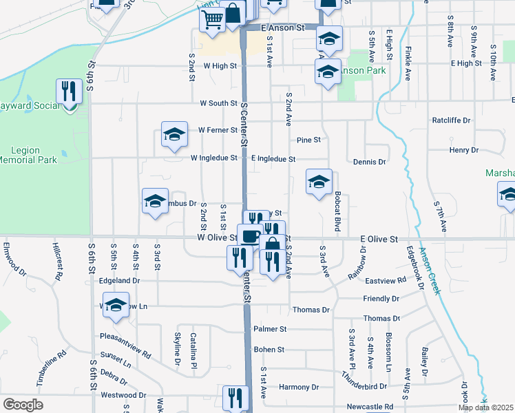 map of restaurants, bars, coffee shops, grocery stores, and more near 6 Cherry Street in Marshalltown