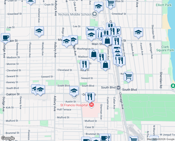 map of restaurants, bars, coffee shops, grocery stores, and more near in Evanston