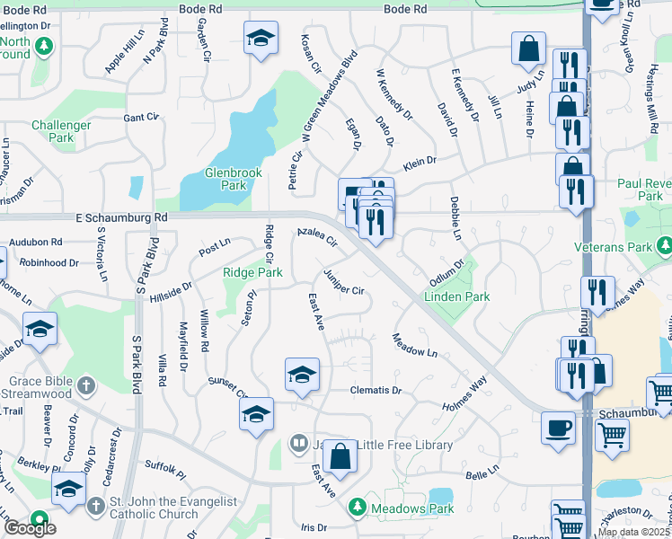 map of restaurants, bars, coffee shops, grocery stores, and more near 53 East Avenue in Streamwood