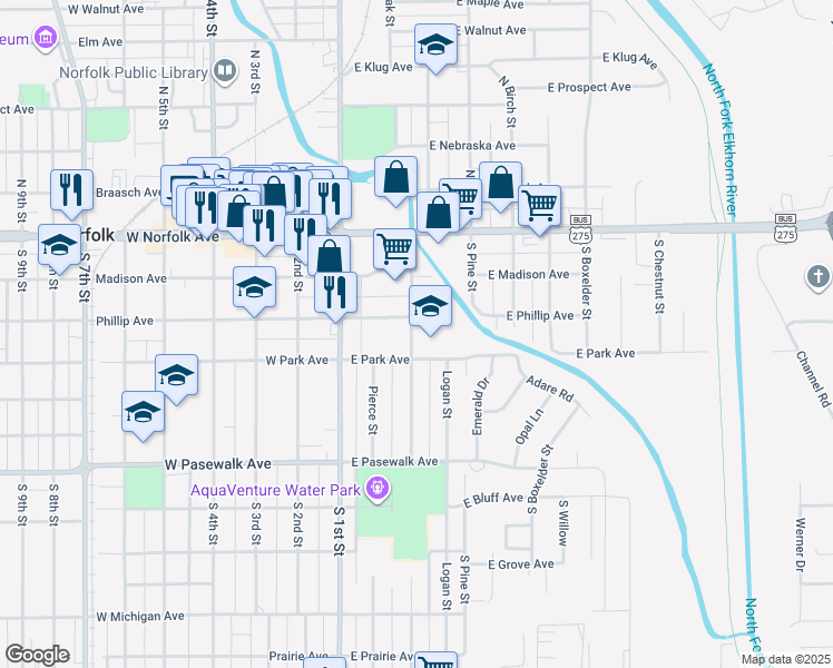 map of restaurants, bars, coffee shops, grocery stores, and more near 305 Blaine Street in Norfolk