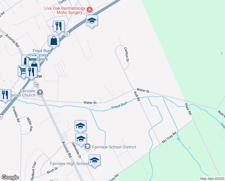 map of restaurants, bars, coffee shops, grocery stores, and more near 7366 Water Street in Fairview