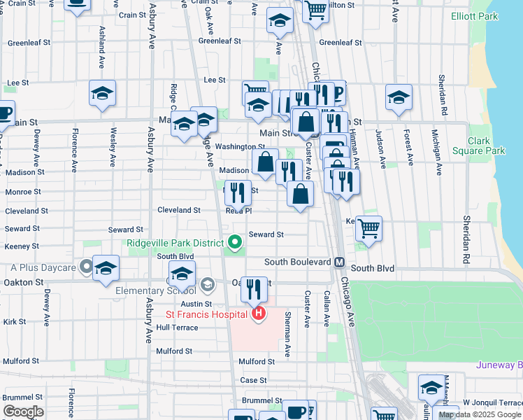 map of restaurants, bars, coffee shops, grocery stores, and more near in Evanston
