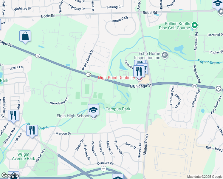 map of restaurants, bars, coffee shops, grocery stores, and more near 401 Campus Drive in Elgin