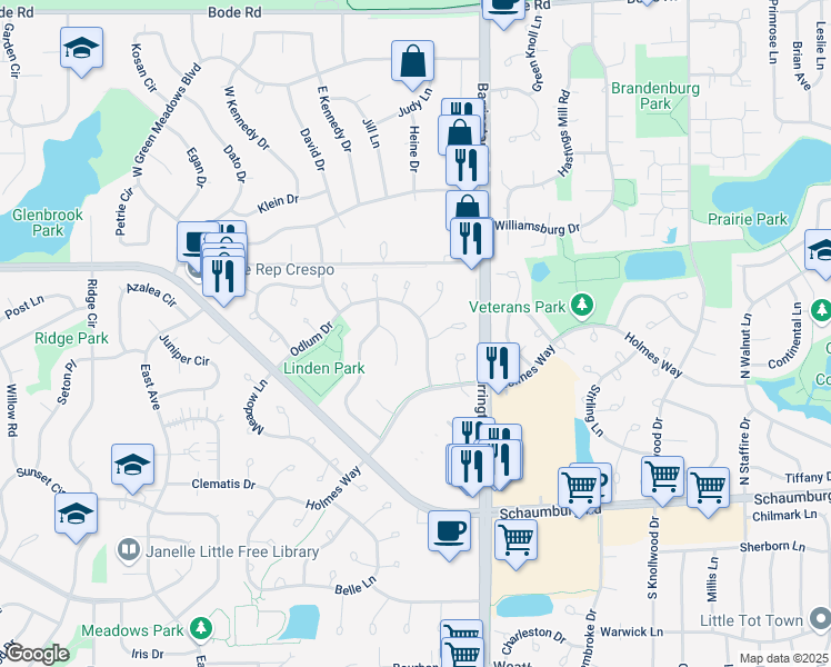 map of restaurants, bars, coffee shops, grocery stores, and more near 2747 Odlum Drive in Schaumburg