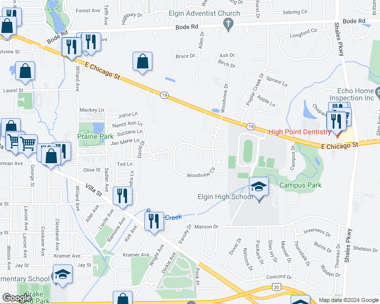 map of restaurants, bars, coffee shops, grocery stores, and more near 1007 Lincolnshire Court in Elgin