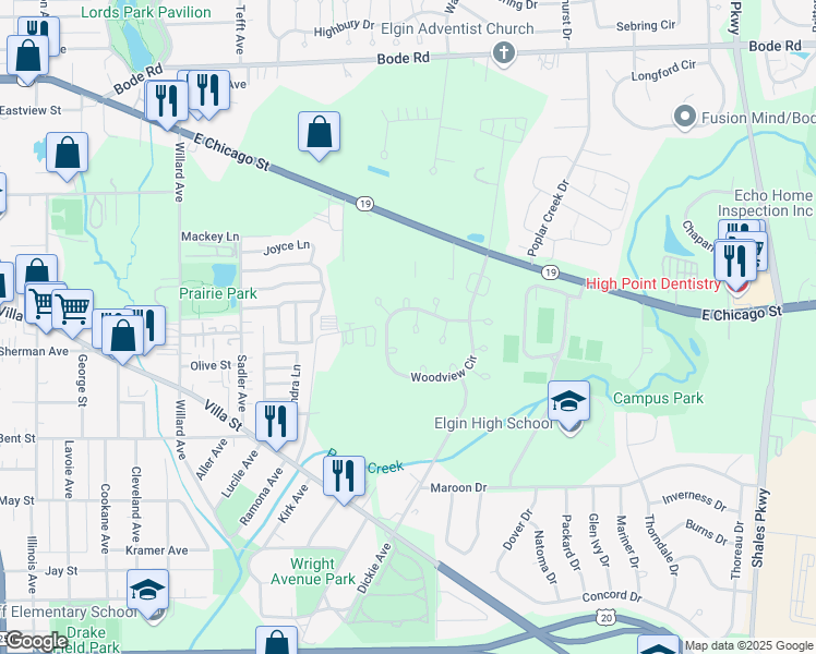 map of restaurants, bars, coffee shops, grocery stores, and more near 1010 Lincolnshire Court in Elgin