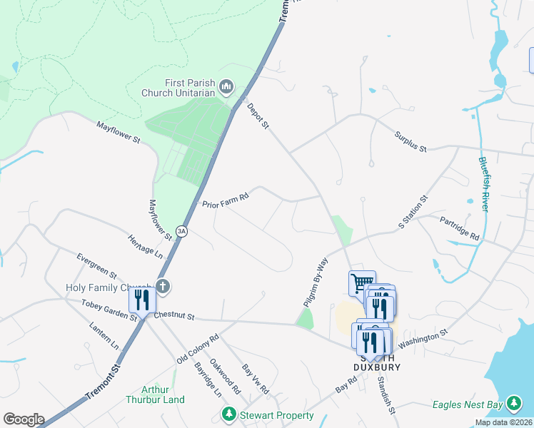 map of restaurants, bars, coffee shops, grocery stores, and more near 26 Meetinghouse Road in Duxbury