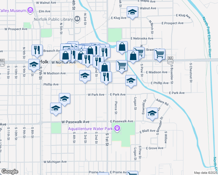 map of restaurants, bars, coffee shops, grocery stores, and more near 305 South 1st Street in Norfolk