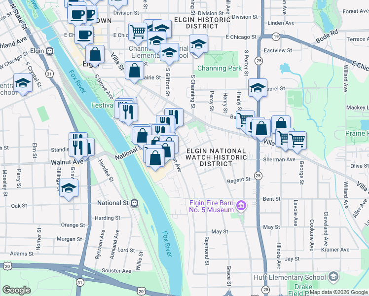 map of restaurants, bars, coffee shops, grocery stores, and more near 344 Raymond Street in Elgin