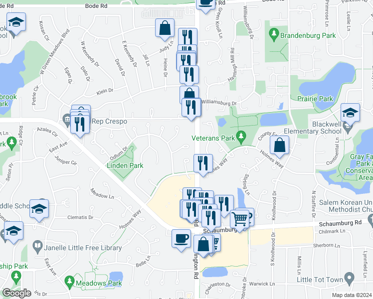 map of restaurants, bars, coffee shops, grocery stores, and more near 343 Glen Leven Court in Schaumburg