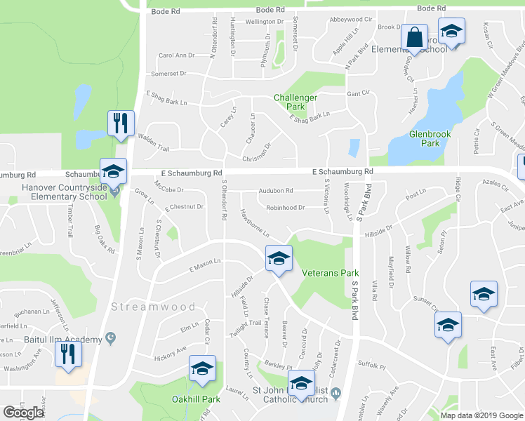 map of restaurants, bars, coffee shops, grocery stores, and more near 409 Robinhood Drive in Streamwood