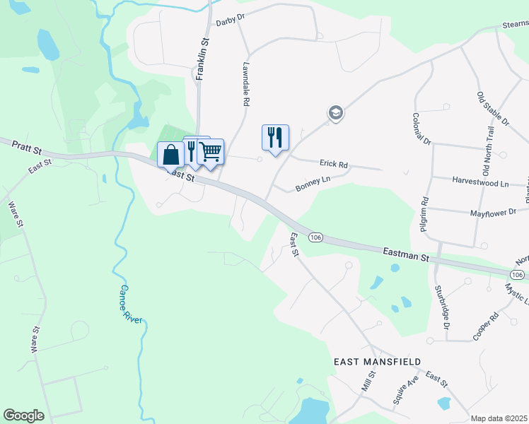 map of restaurants, bars, coffee shops, grocery stores, and more near 737 East Street in Mansfield