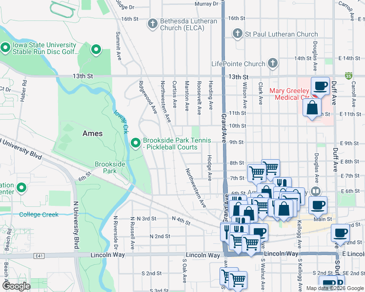 map of restaurants, bars, coffee shops, grocery stores, and more near 1008 9th Street in Ames