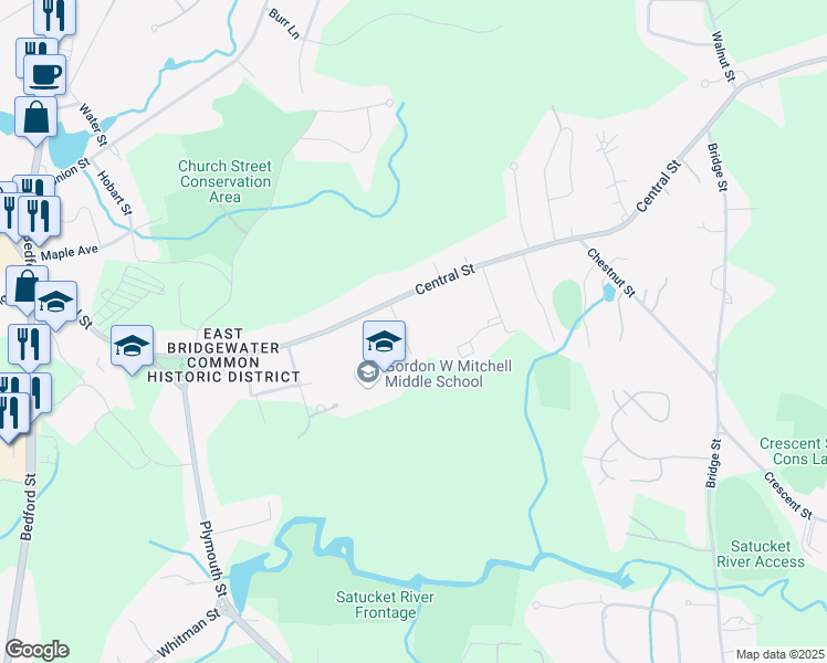 map of restaurants, bars, coffee shops, grocery stores, and more near 36 Stevens Court in East Bridgewater