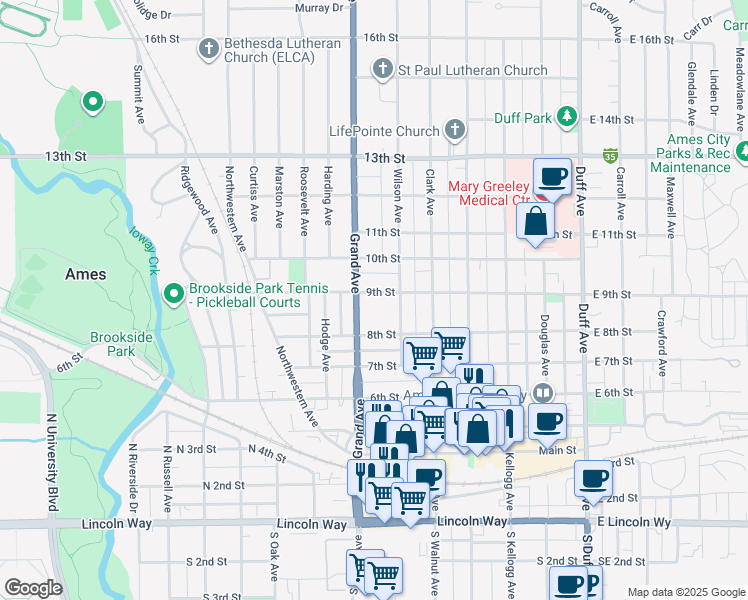 map of restaurants, bars, coffee shops, grocery stores, and more near 618 9th Street in Ames