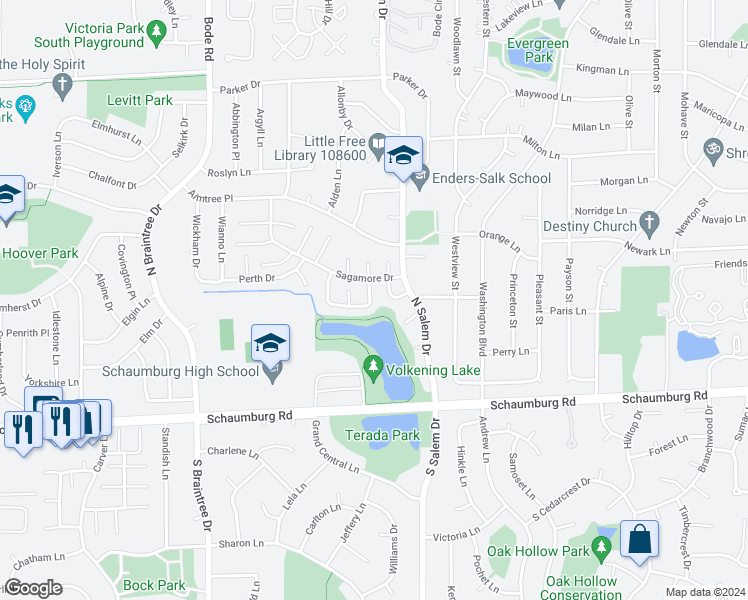 map of restaurants, bars, coffee shops, grocery stores, and more near 131 Barcliffe Lane in Schaumburg