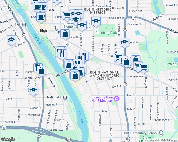 map of restaurants, bars, coffee shops, grocery stores, and more near 342 Raymond Street in Elgin