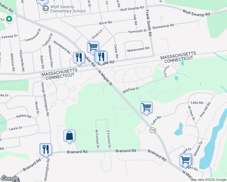 map of restaurants, bars, coffee shops, grocery stores, and more near 357 North Maple Street in Enfield
