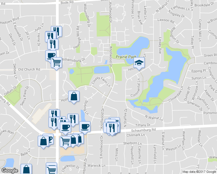map of restaurants, bars, coffee shops, grocery stores, and more near 2329 County Farm Lane in Schaumburg
