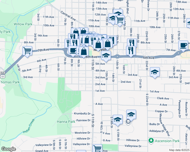 map of restaurants, bars, coffee shops, grocery stores, and more near 317 11th Street in Marion