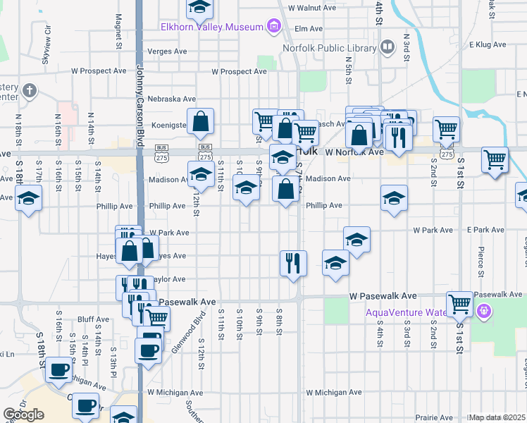 map of restaurants, bars, coffee shops, grocery stores, and more near 303 South 9th Street in Norfolk