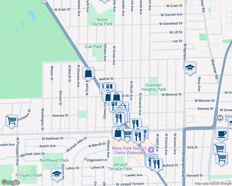 map of restaurants, bars, coffee shops, grocery stores, and more near 8209 North Oriole Avenue in Niles