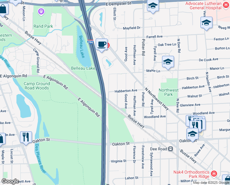 map of restaurants, bars, coffee shops, grocery stores, and more near 1244 Elliott Street in Park Ridge
