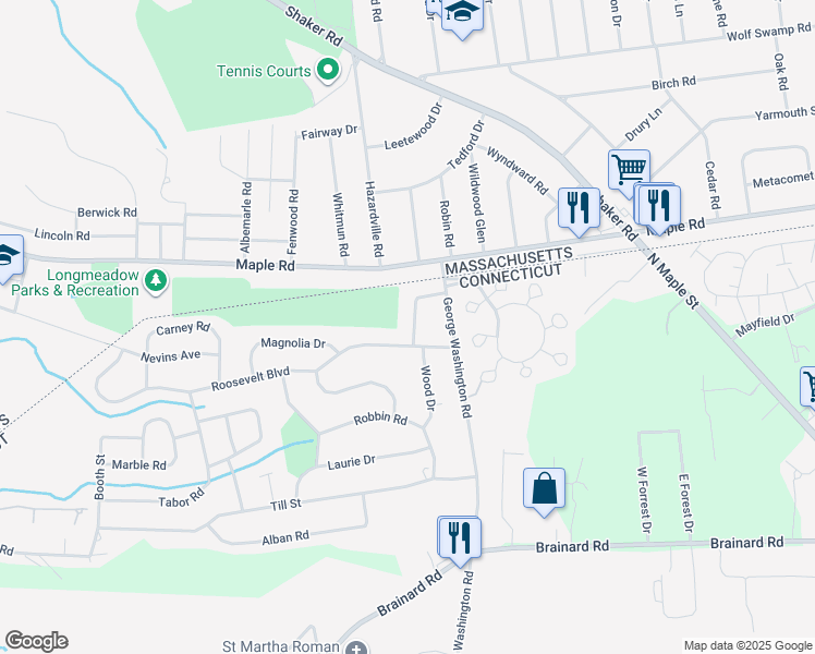 map of restaurants, bars, coffee shops, grocery stores, and more near 15 Sherwin Drive in Enfield