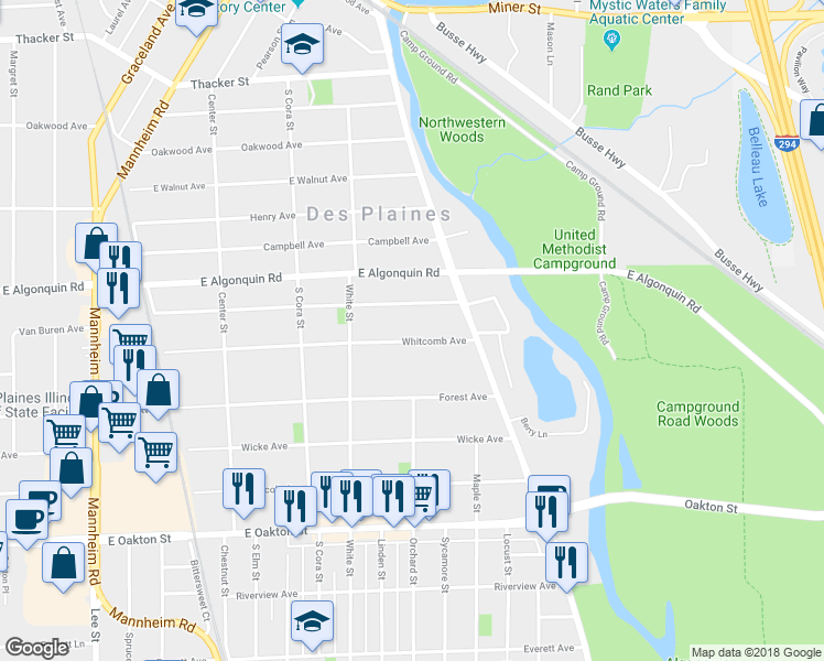 map of restaurants, bars, coffee shops, grocery stores, and more near 1698 Whitcomb Avenue in Des Plaines