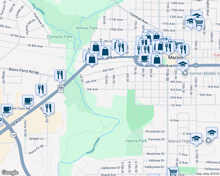 map of restaurants, bars, coffee shops, grocery stores, and more near 352 3rd Avenue in Marion