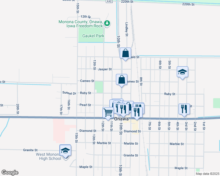 map of restaurants, bars, coffee shops, grocery stores, and more near 712 11th Street in Onawa