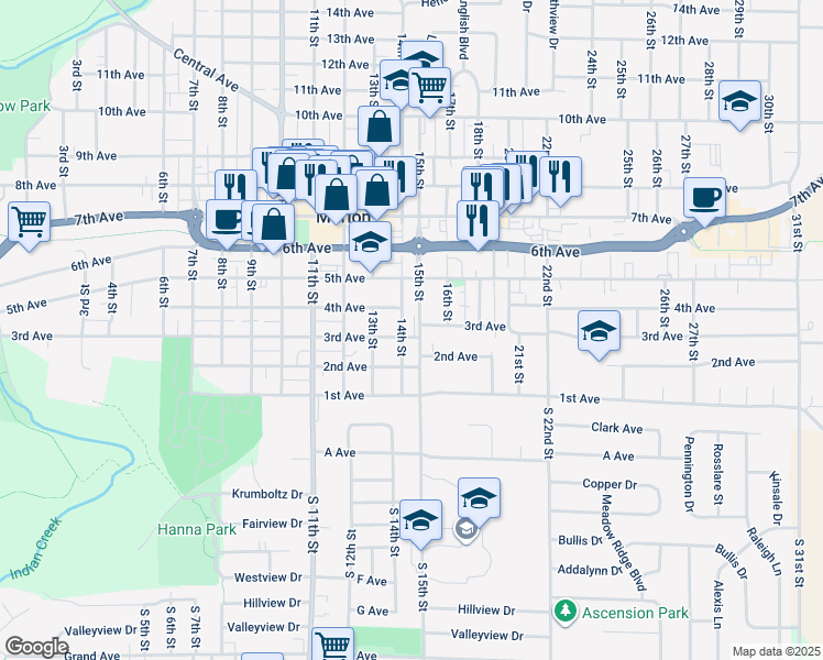 map of restaurants, bars, coffee shops, grocery stores, and more near 320 15th Street in Marion