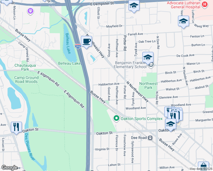 map of restaurants, bars, coffee shops, grocery stores, and more near 1240 Good Avenue in Park Ridge
