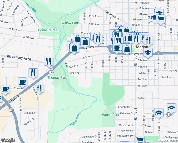 map of restaurants, bars, coffee shops, grocery stores, and more near 358 3rd Avenue in Marion