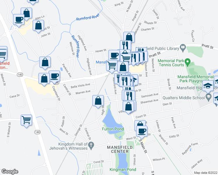 map of restaurants, bars, coffee shops, grocery stores, and more near 20 Winthrop Avenue in Mansfield