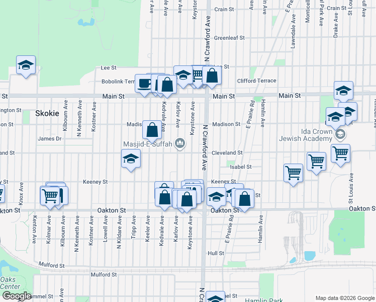 map of restaurants, bars, coffee shops, grocery stores, and more near 8201 Keystone Avenue in Skokie