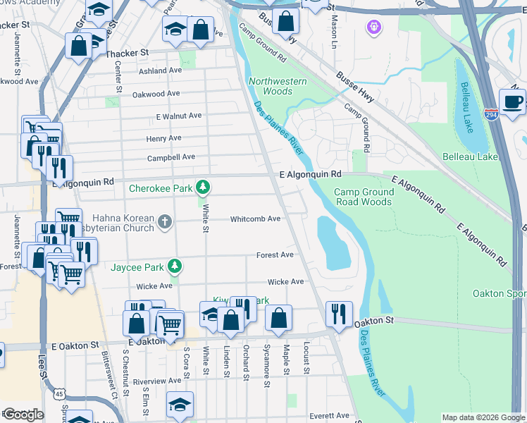 map of restaurants, bars, coffee shops, grocery stores, and more near 1768 Whitcomb Avenue in Des Plaines