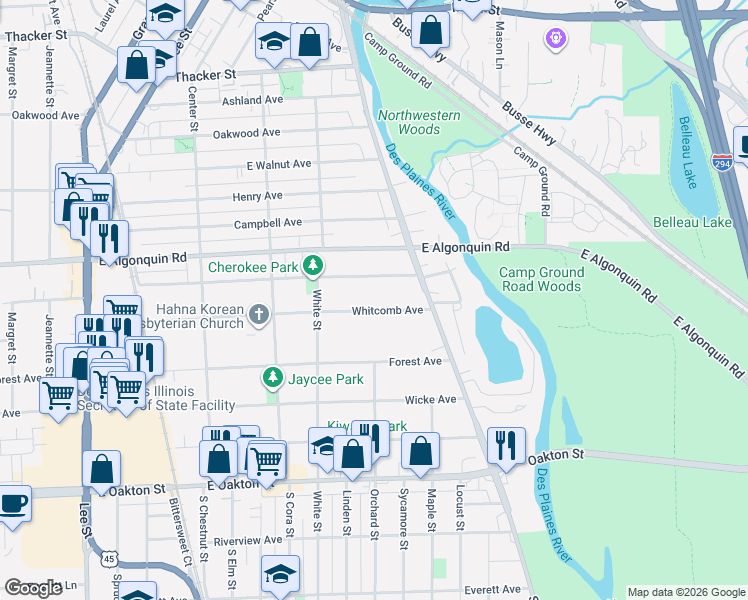map of restaurants, bars, coffee shops, grocery stores, and more near 1698 Whitcomb Avenue in Des Plaines