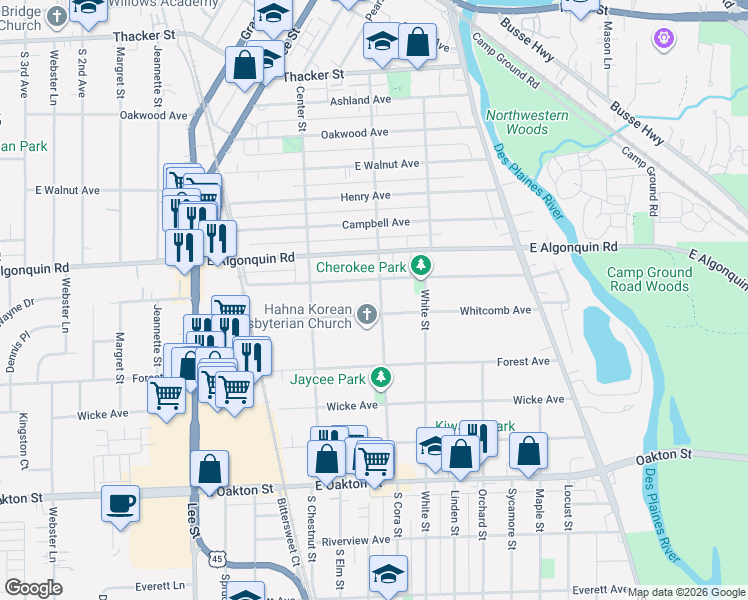 map of restaurants, bars, coffee shops, grocery stores, and more near 1280 South Cora Street in Des Plaines